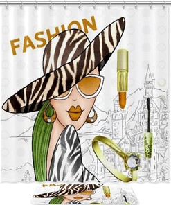 Leopard Fashion Girl Printed Bathroom Tub Set With Waterproof Fabric Shower Curtain