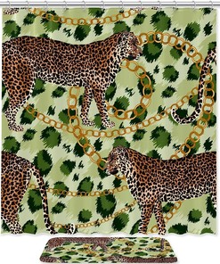 Leopard Gold Chain Green Tiger Skin Bathroom Shower Curtain