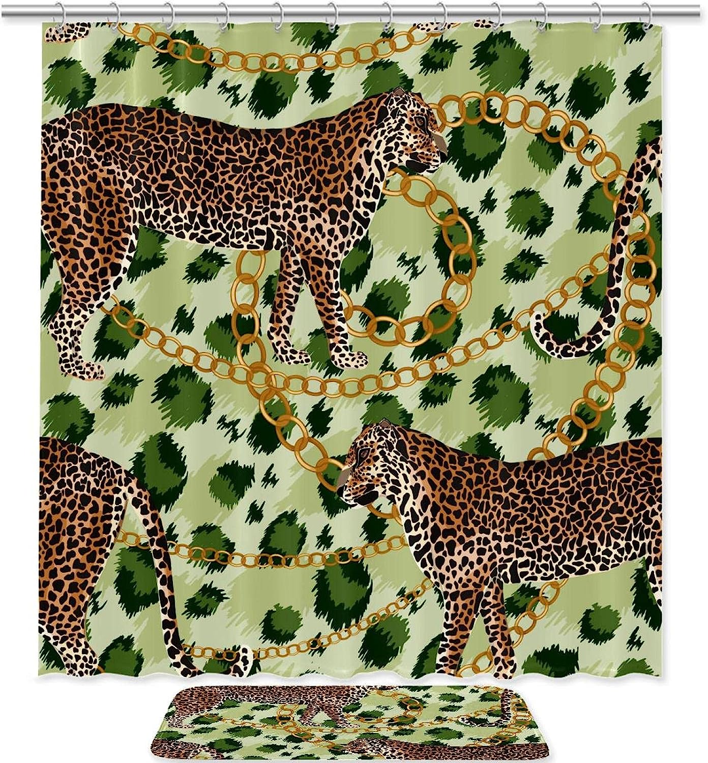 Leopard Gold Chain Green Tiger Skin Bathroom Shower Curtain
