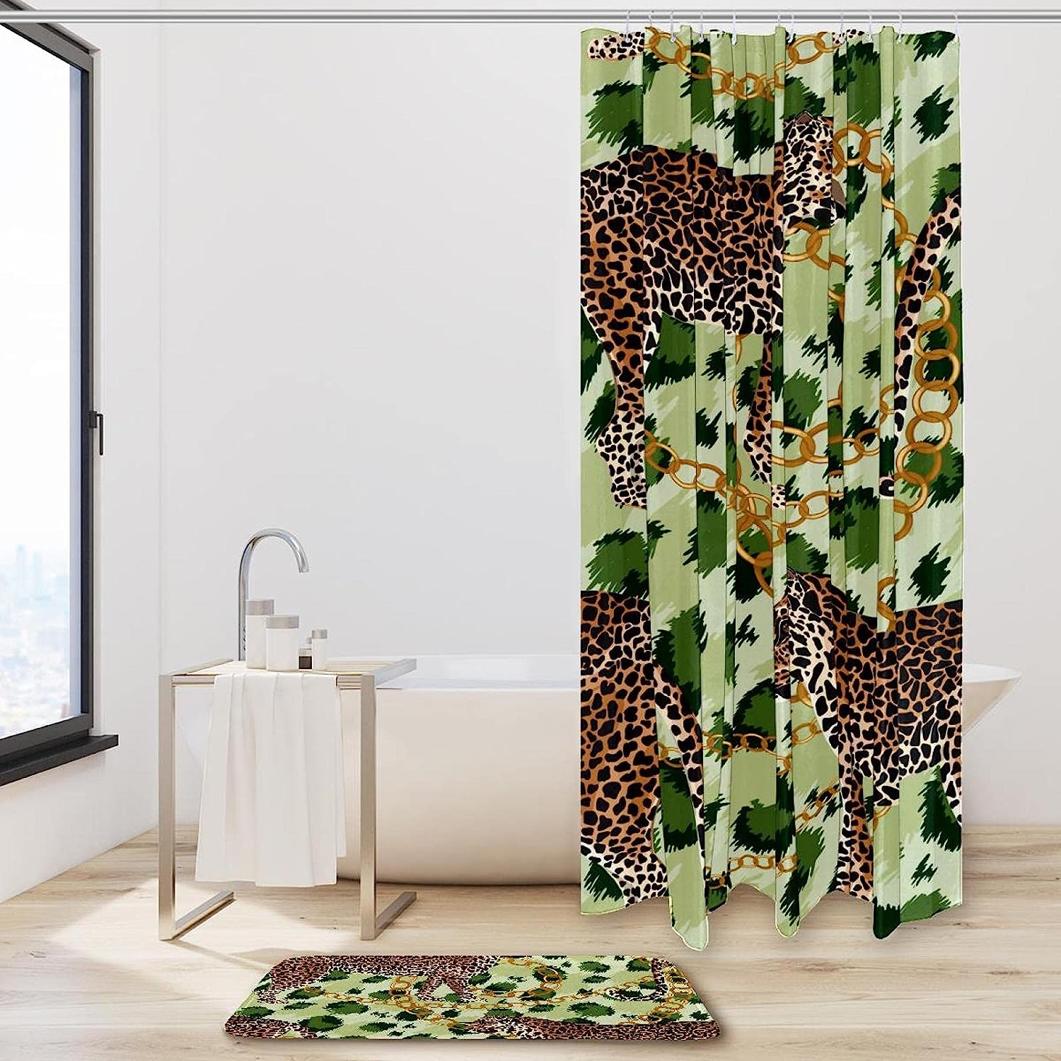Leopard Gold Chain Green Tiger Skin Bathroom Shower Curtain