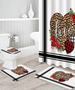 Leopard Love Heart Roses Shower Curtain | Valentine's Day Black White Fabric Bathroom Decor