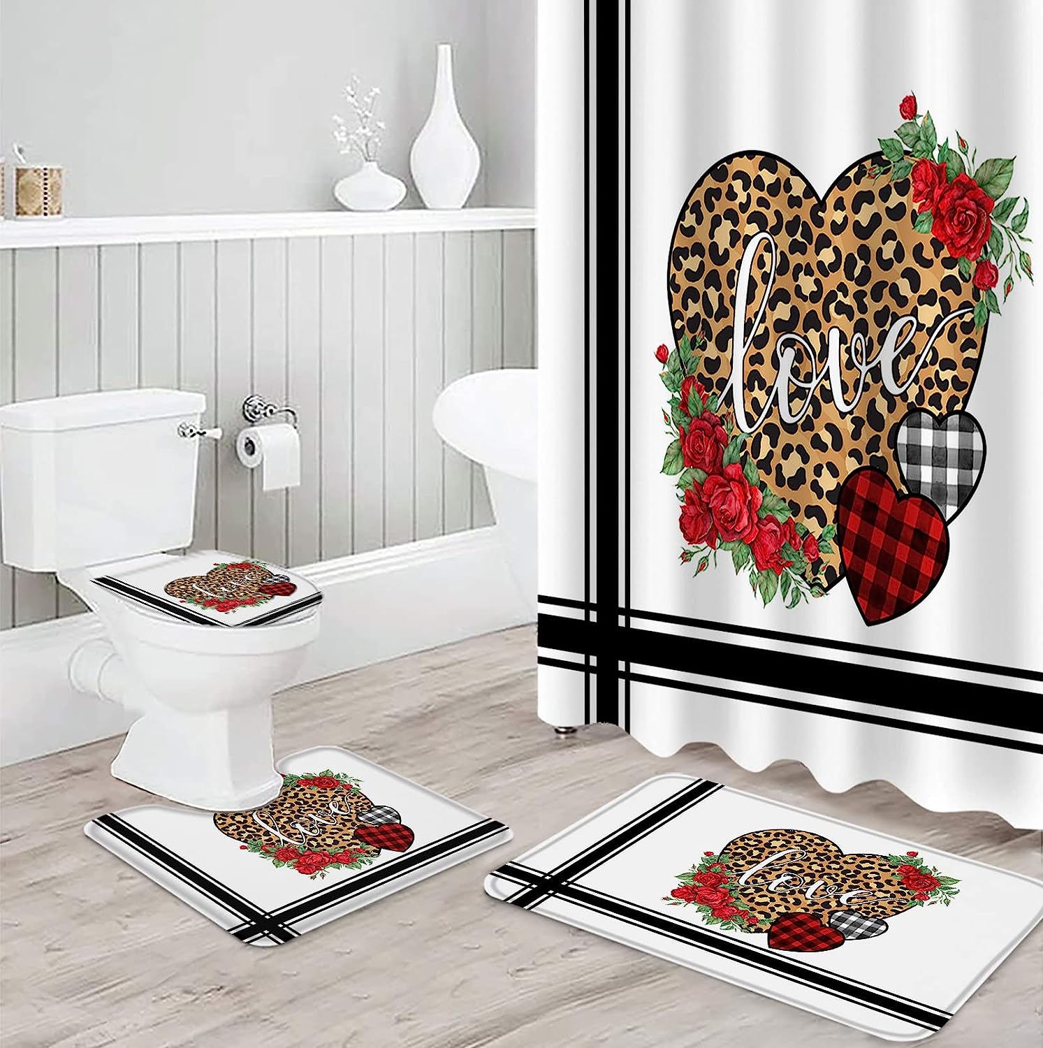 Leopard Love Heart Roses Shower Curtain | Valentine's Day Black White Fabric Bathroom Decor