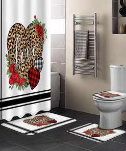 Leopard Love Heart Roses Shower Curtain | Valentine's Day Black White Fabric Bathroom Decor