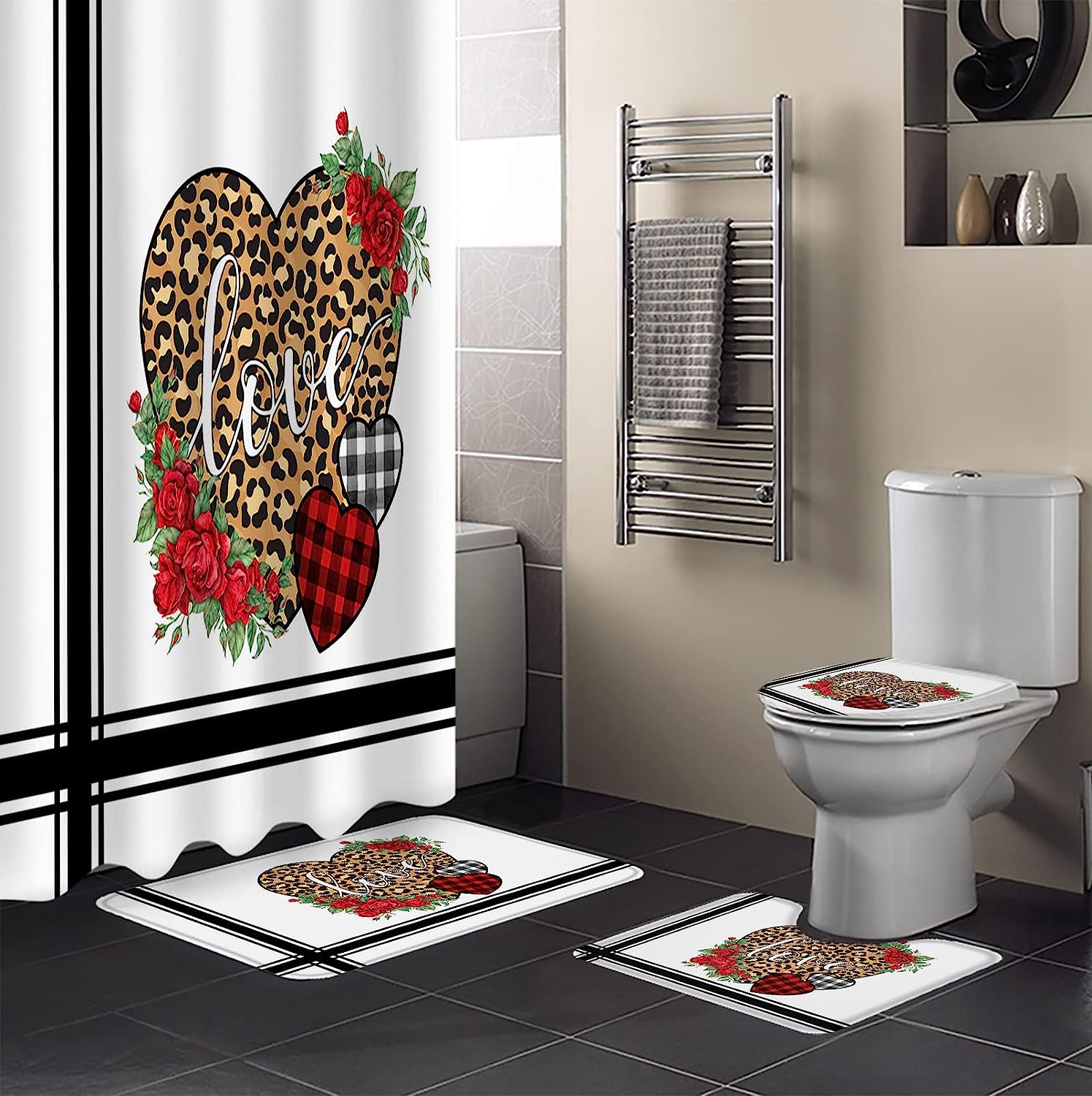 Leopard Love Heart Roses Shower Curtain | Valentine's Day Black White Fabric Bathroom Decor