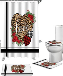 Leopard Love Heart Roses Shower Curtain | Valentine's Day Black White Fabric Bathroom Decor