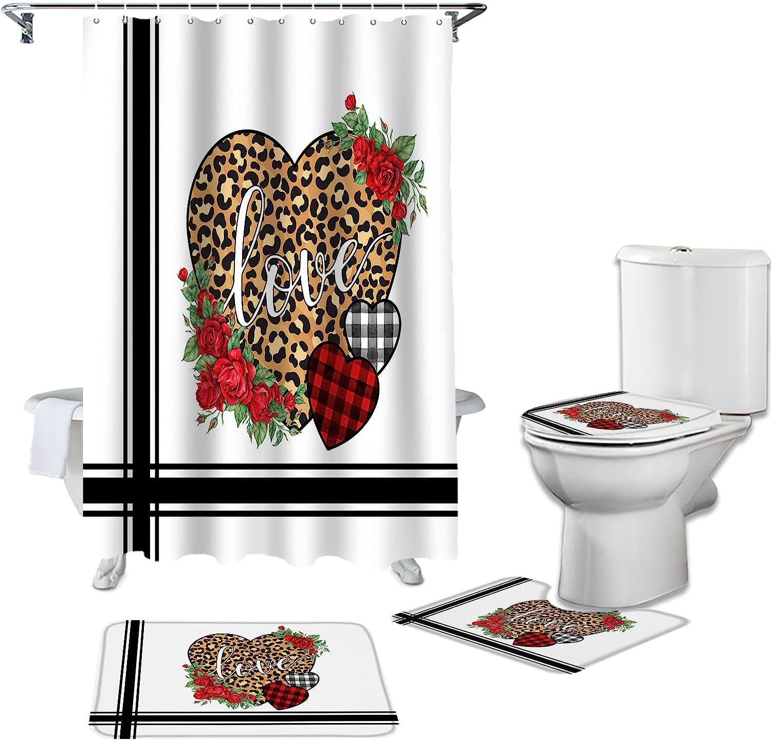 Leopard Love Heart Roses Shower Curtain | Valentine's Day Black White Fabric Bathroom Decor