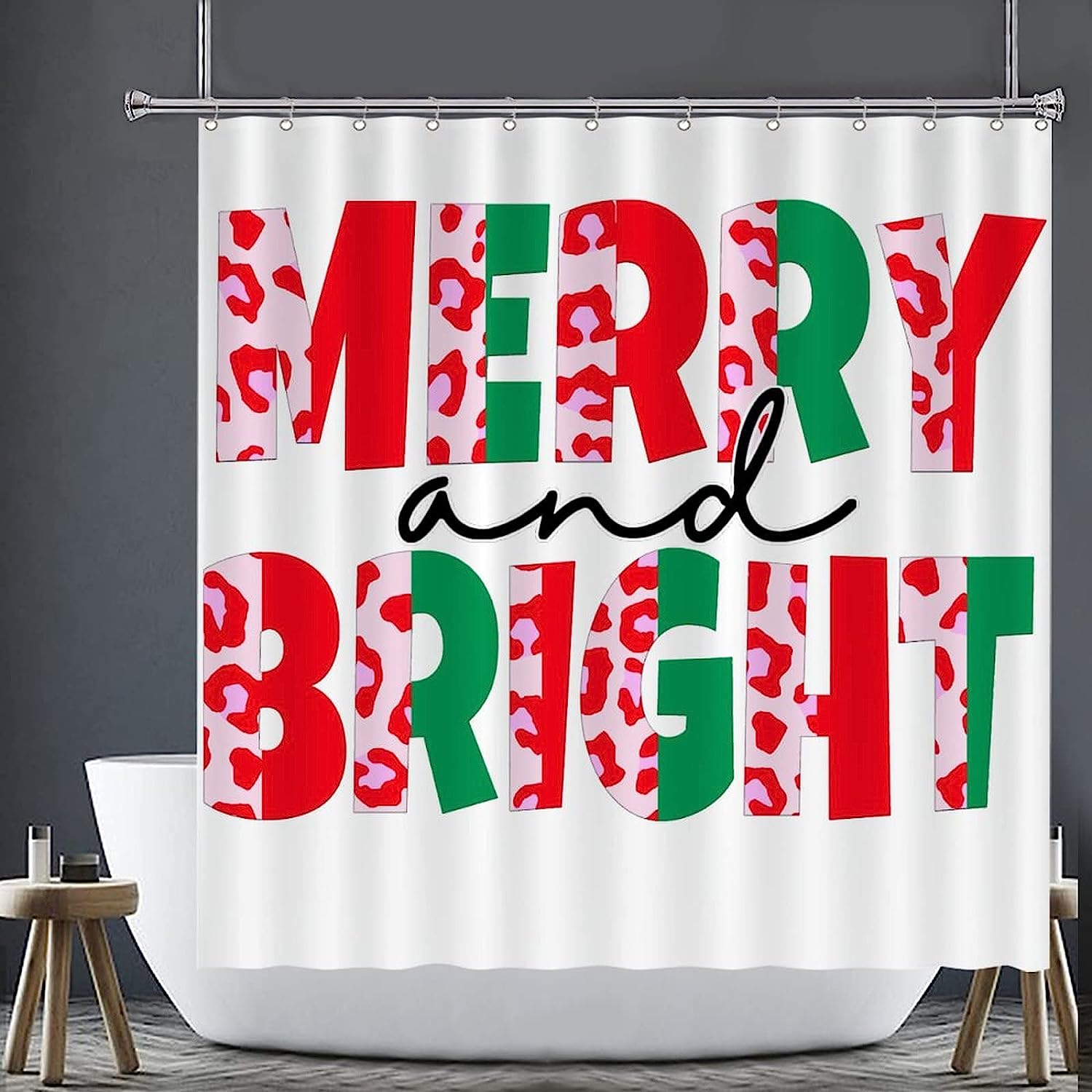 Leopard Merry and Bright Christmas Vibes Shower Curtain for Festive Bathroom