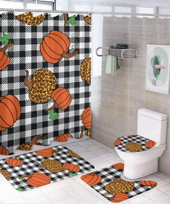 Leopard Orange Pumpkins and Plaid Shower Curtain for Bathroom - Unique Shower Curtain Ideas for Fall Holidays