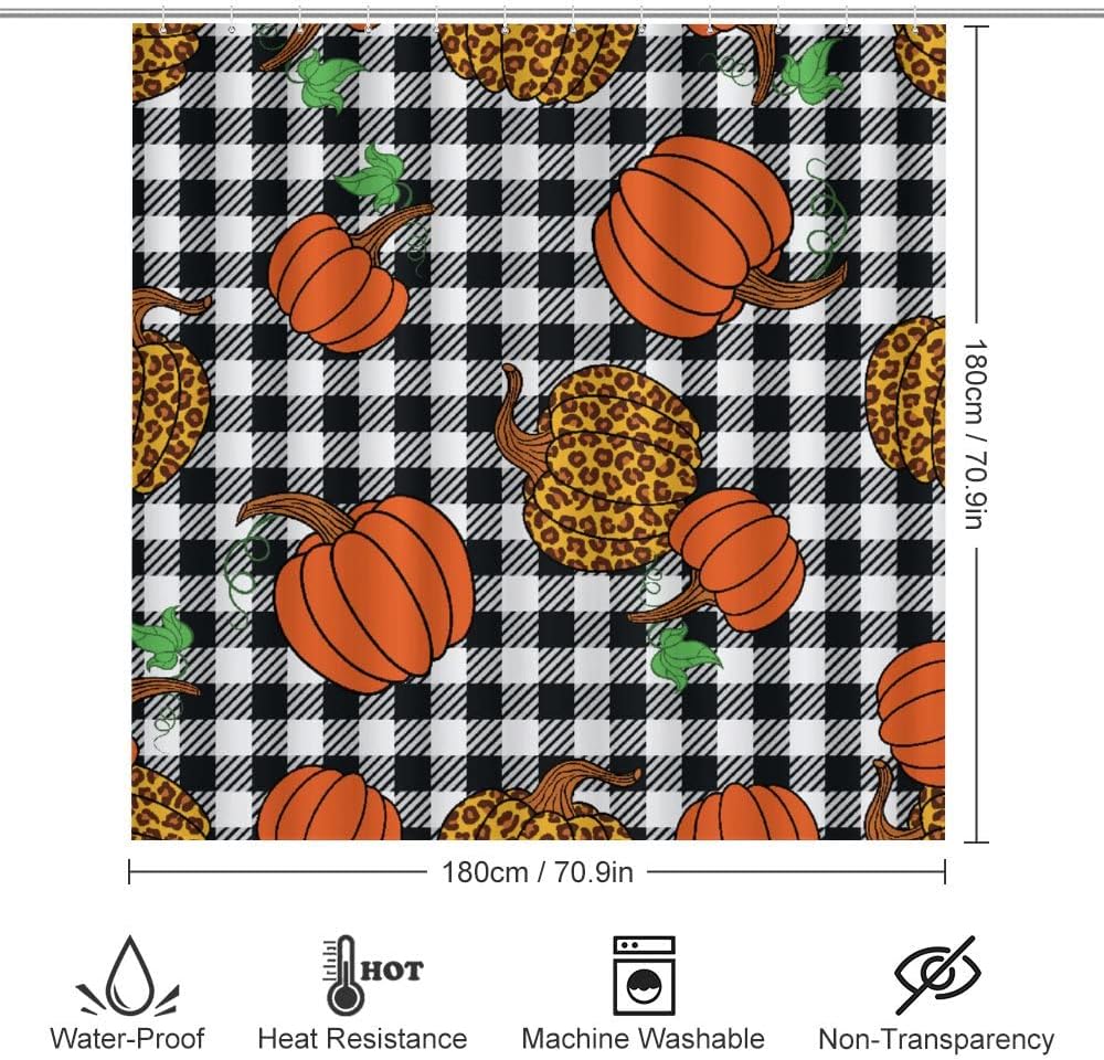 Leopard Orange Pumpkins and Plaid Shower Curtain for Bathroom - Unique Shower Curtain Ideas for Fall Holidays