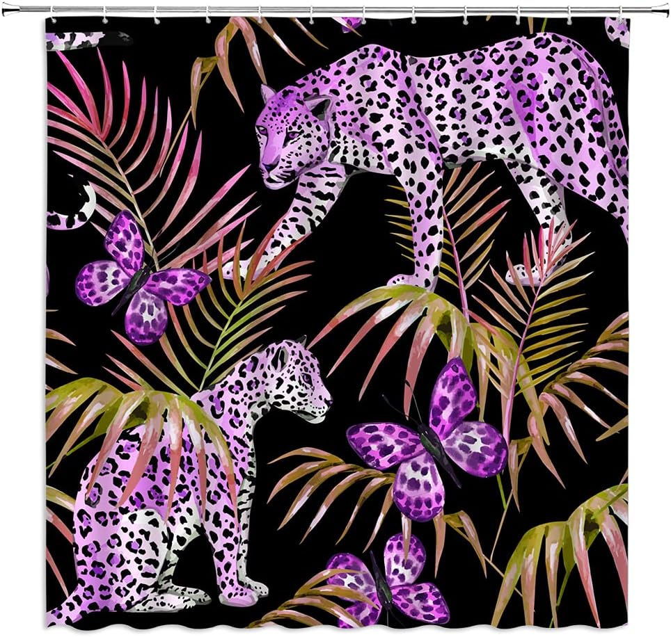 Leopard Palm Leaf Jungle Animal Shower Curtain for Wildlife Lovers