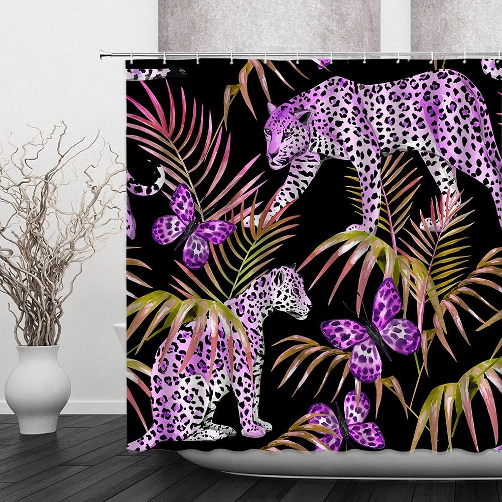 Leopard Palm Leaf Jungle Animal Shower Curtain for Wildlife Lovers
