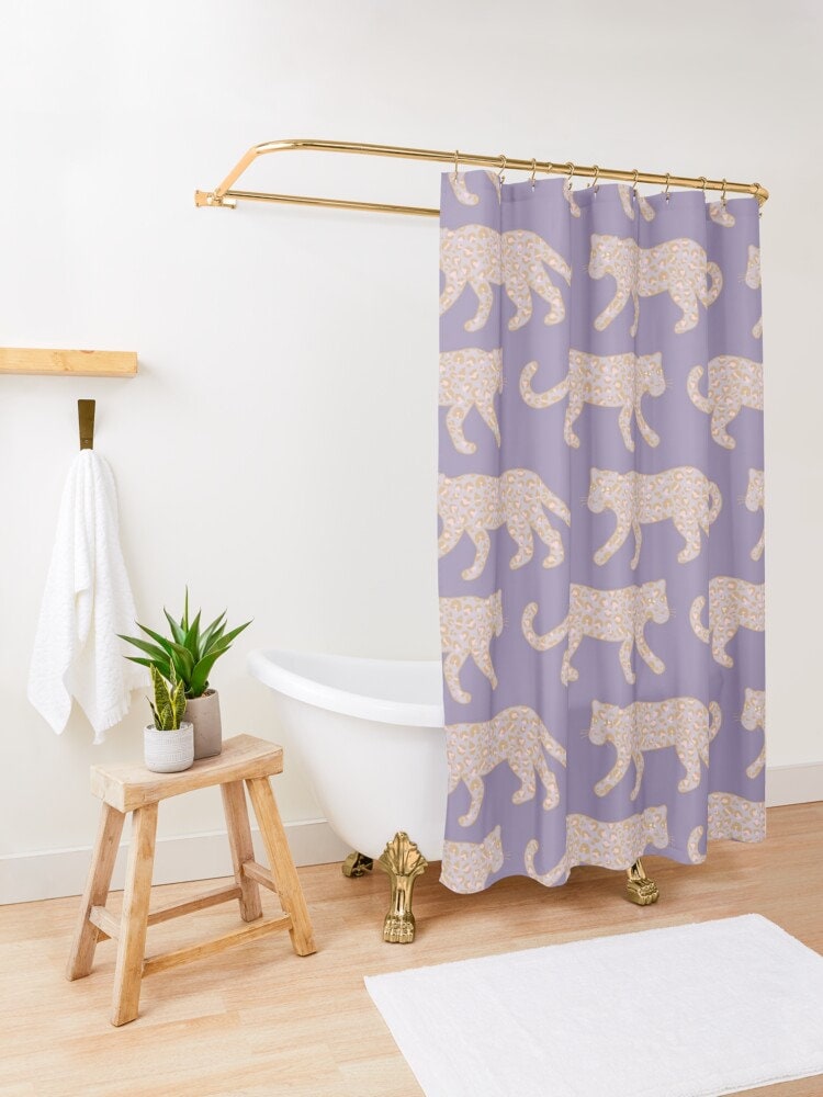 Leopard Parade Print Blush Pink Camel on Lavender Purple Bath Curtain Bathroom Decor Shower Curtain