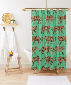 Leopard Parade Print Classic Tan on Jungle Green Bath Curtain Bathroom Decor Shower Curtain