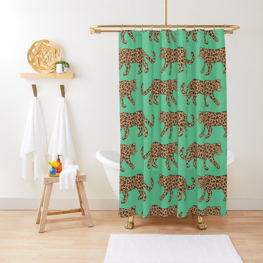 Leopard Parade Print Classic Tan on Jungle Green Bath Curtain Bathroom Decor Shower Curtain