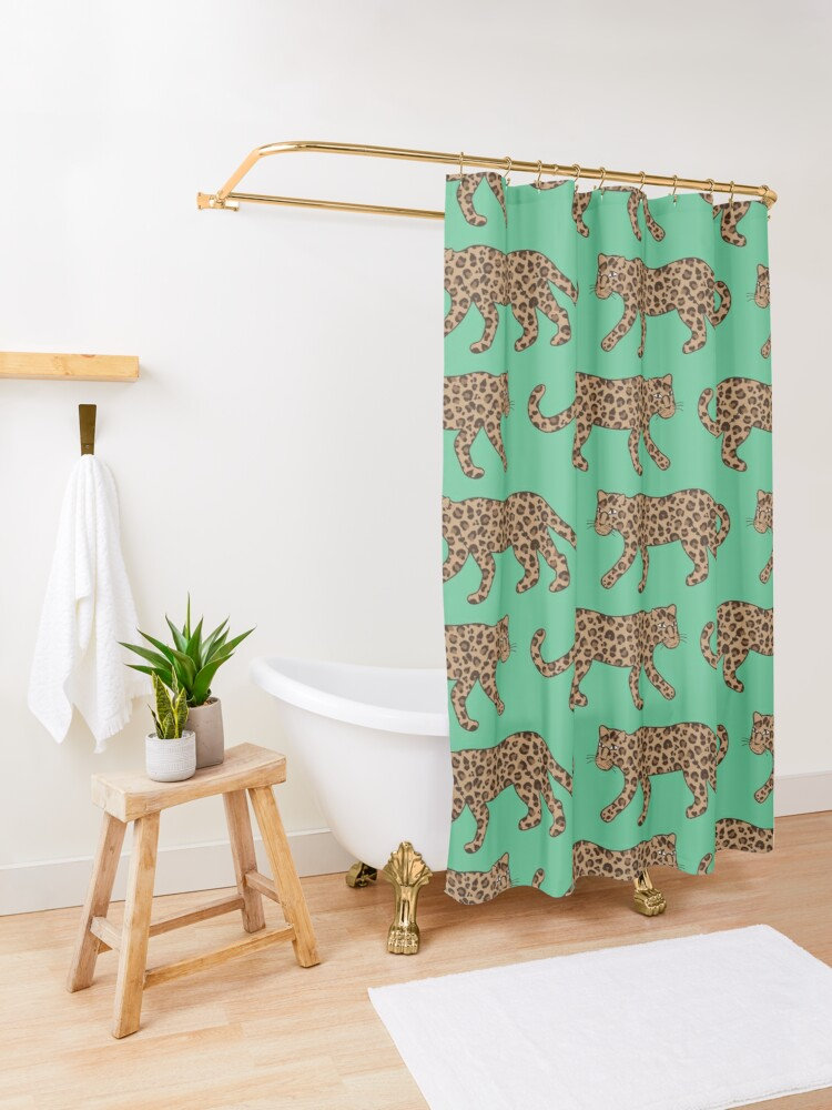 Leopard Parade Print Classic Tan on Jungle Green Bath Curtain Bathroom Decor Shower Curtain