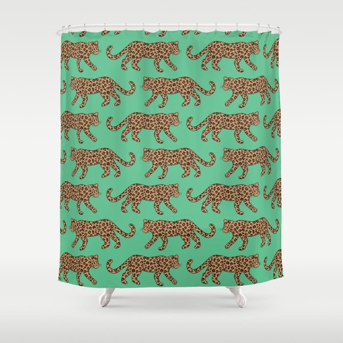 Leopard Parade Print Classic Tan on Jungle Green Bath Curtain Bathroom Decor Shower Curtain