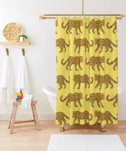 Leopard Parade Print Golden Navy Blue Rust on Lemon Yellow Bath Curtain Bathroom Decor Shower Curtain