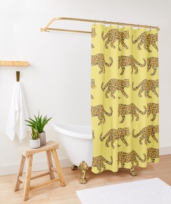 Leopard Parade Print Golden Navy Blue Rust on Lemon Yellow Bath Curtain Bathroom Decor Shower Curtain