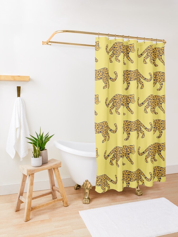 Leopard Parade Print Golden Navy Blue Rust on Lemon Yellow Bath Curtain Bathroom Decor Shower Curtain