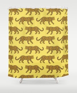 Leopard Parade Print Golden Navy Blue Rust on Lemon Yellow Bath Curtain Bathroom Decor Shower Curtain