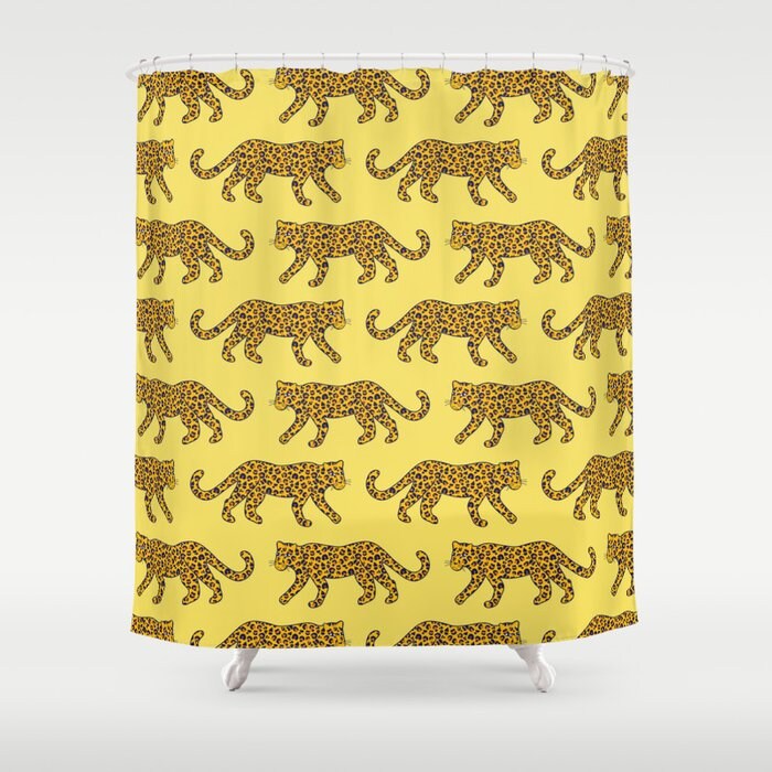 Leopard Parade Print Golden Navy Blue Rust on Lemon Yellow Bath Curtain Bathroom Decor Shower Curtain