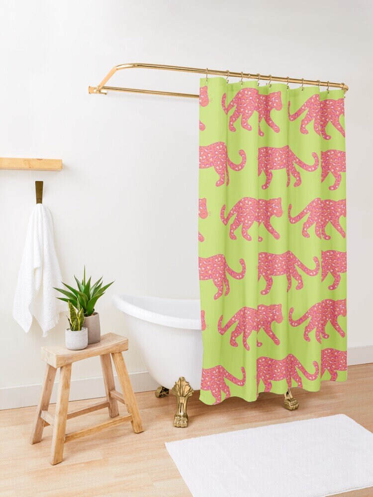 Leopard Parade Print Hot Pink Bright Coral on Lime Green Bath Curtain Bathroom Decor Shower Curtain
