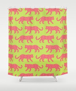 Leopard Parade Print Hot Pink Bright Coral on Lime Green Bath Curtain Bathroom Decor Shower Curtain