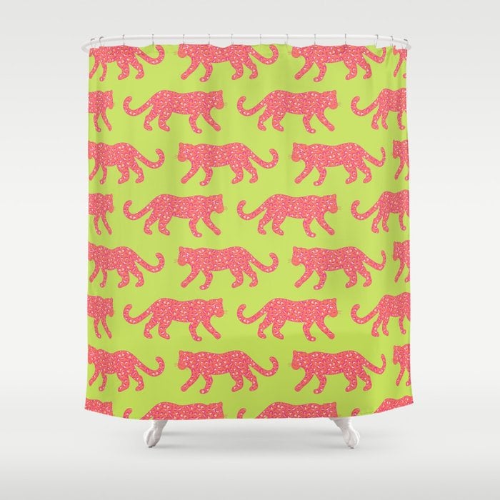 Leopard Parade Print Hot Pink Bright Coral on Lime Green Bath Curtain Bathroom Decor Shower Curtain