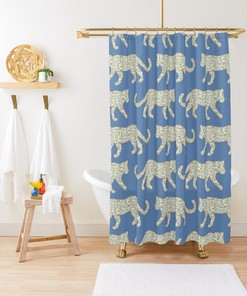 Leopard Parade Print Mint Camel on Denim Blue Bath Curtain Bathroom Decor Shower Curtain