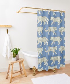 Leopard Parade Print Mint Camel on Denim Blue Bath Curtain Bathroom Decor Shower Curtain