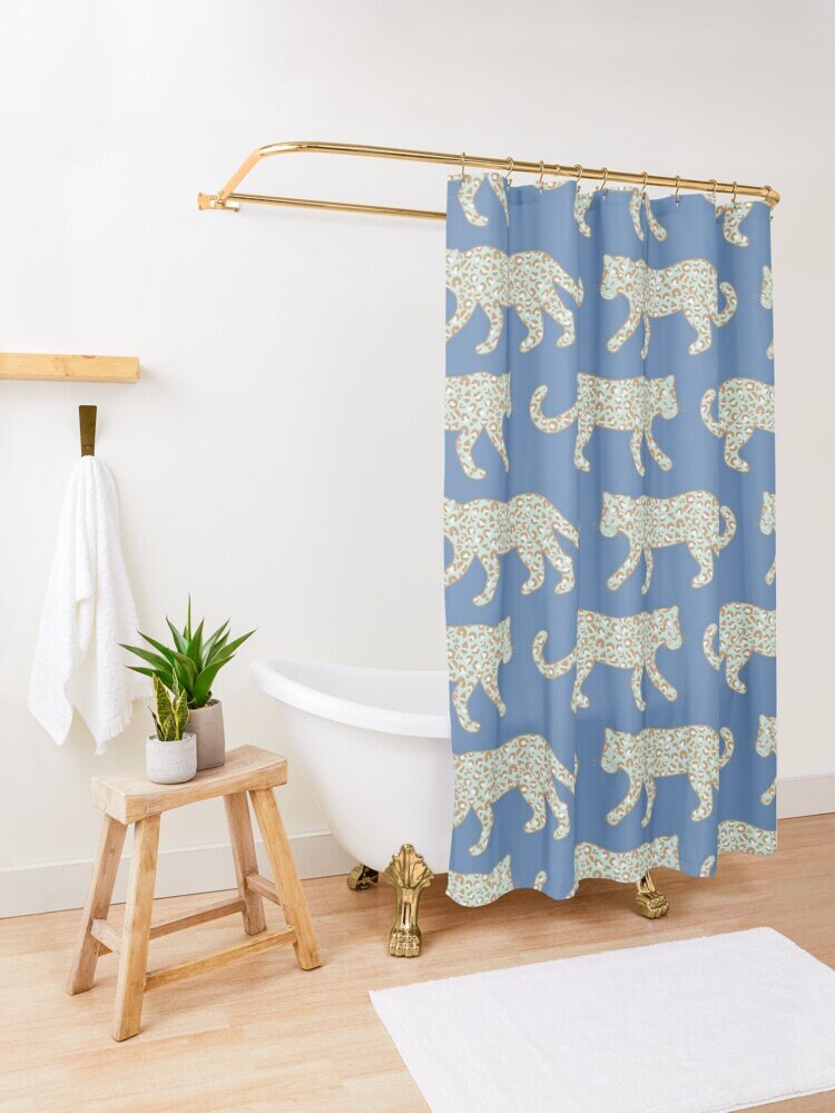 Leopard Parade Print Mint Camel on Denim Blue Bath Curtain Bathroom Decor Shower Curtain