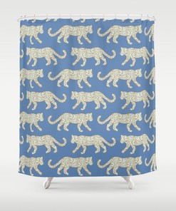 Leopard Parade Print Mint Camel on Denim Blue Bath Curtain Bathroom Decor Shower Curtain