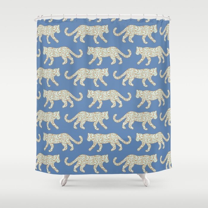Leopard Parade Print Mint Camel on Denim Blue Bath Curtain Bathroom Decor Shower Curtain