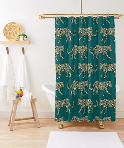 Leopard Parade Print Olive Black White on Dark Teal Bath Curtain Bathroom Decor Shower Curtain