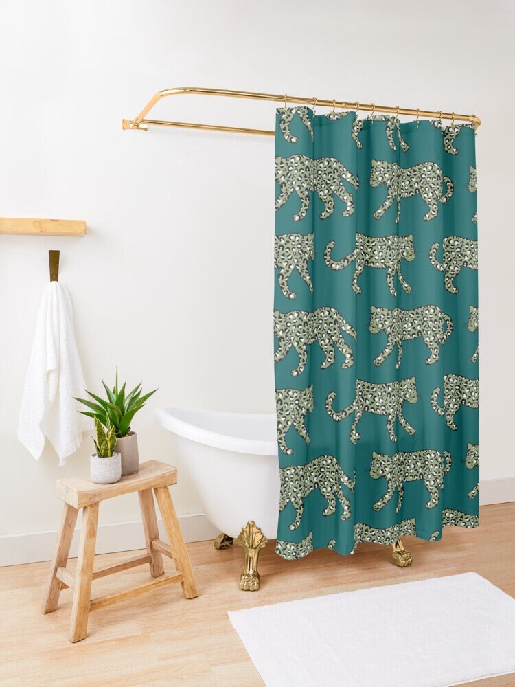 Leopard Parade Print Olive Black White on Dark Teal Bath Curtain Bathroom Decor Shower Curtain