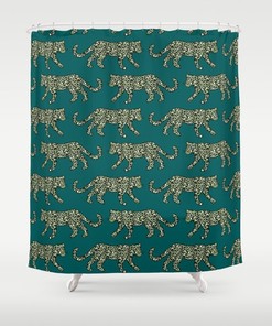 Leopard Parade Print Olive Black White on Dark Teal Bath Curtain Bathroom Decor Shower Curtain