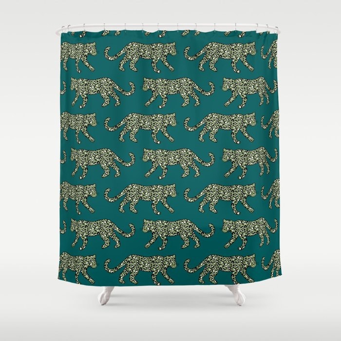 Leopard Parade Print Olive Black White on Dark Teal Bath Curtain Bathroom Decor Shower Curtain