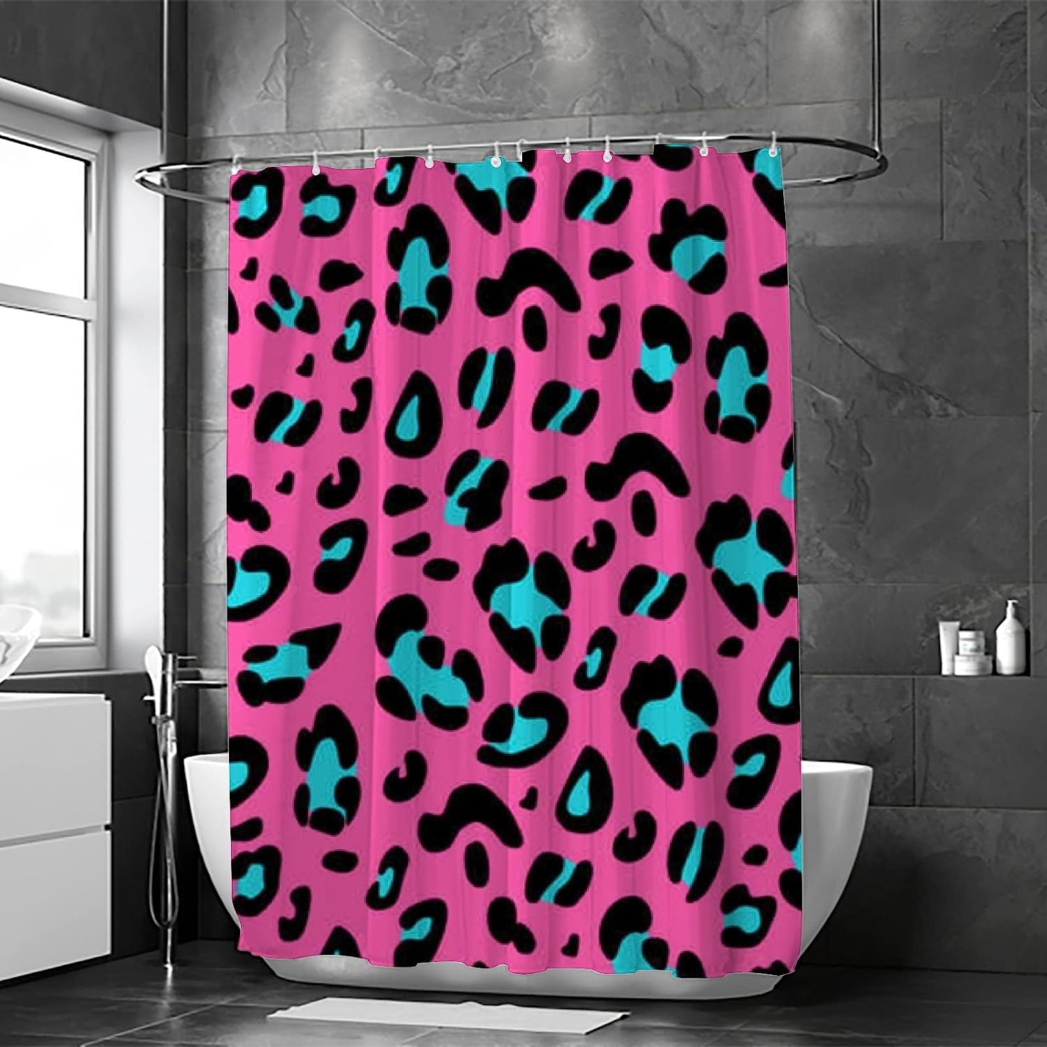 Leopard Pattern Pink Black Blue Vintage Bathroom Shower Curtain, Waterproof Fabric