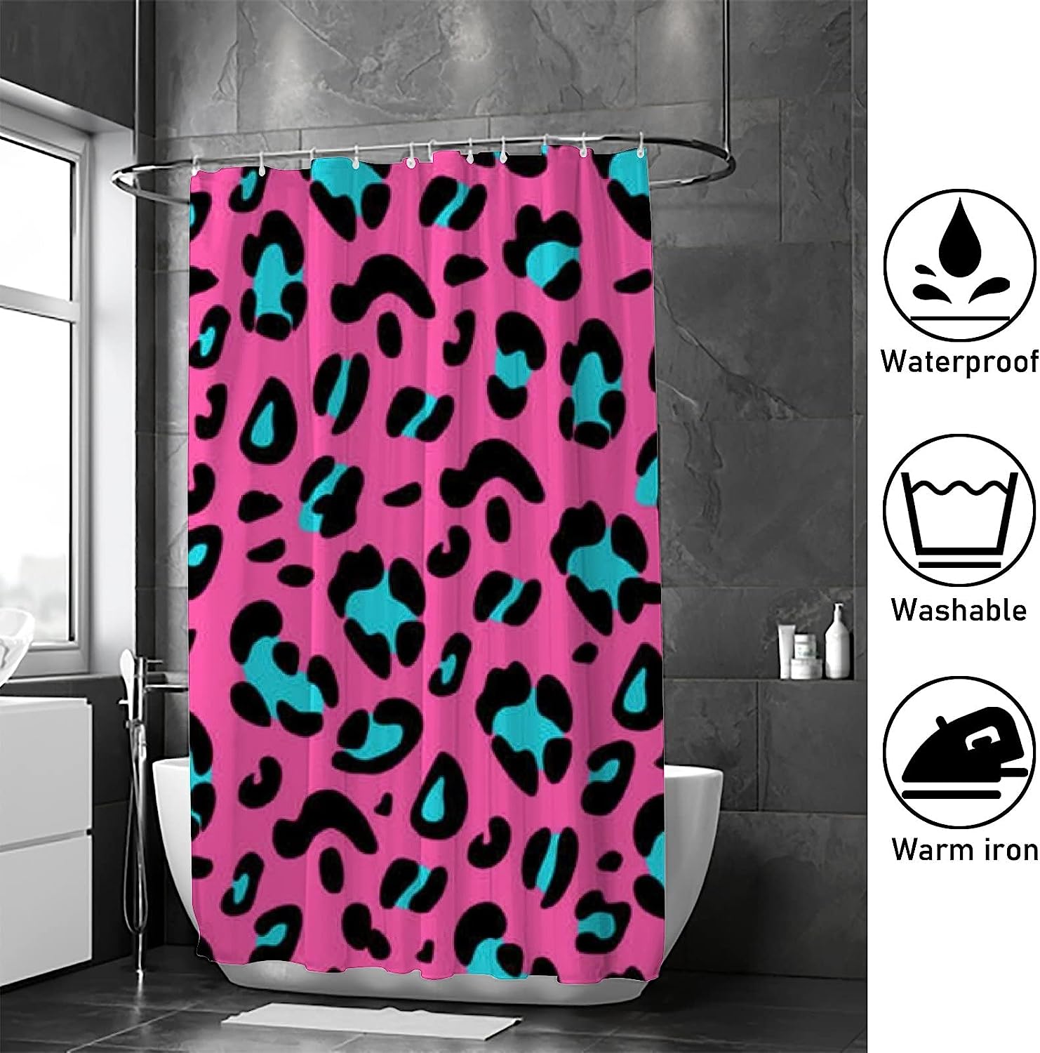 Leopard Pattern Pink Black Blue Vintage Bathroom Shower Curtain, Waterproof Fabric