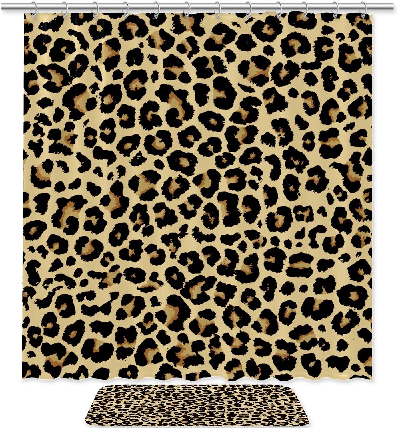 Leopard Pattern Printed Bathroom Tub Set With Waterproof Fabric Shower Curtain