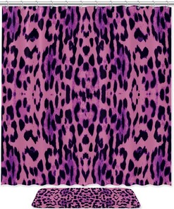 Leopard Pattern Purple Shower Curtain Set with Matching Mat, Animal Print Bathroom Decor with SEO Keywords