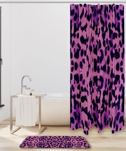 Leopard Pattern Purple Shower Curtain Set with Matching Mat, Animal Print Bathroom Decor with SEO Keywords