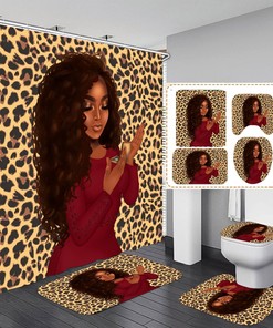 Leopard Print African American Shower Curtain With Black Girl And Yellow Accents For Bathroom