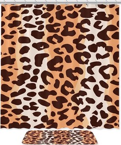 Leopard Print And Orange Printed Bathroom Tub Set With Waterproof Fabric Shower Curtain