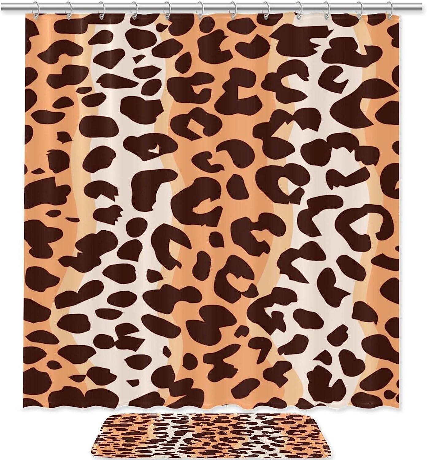 Leopard Print And Orange Printed Bathroom Tub Set With Waterproof Fabric Shower Curtain