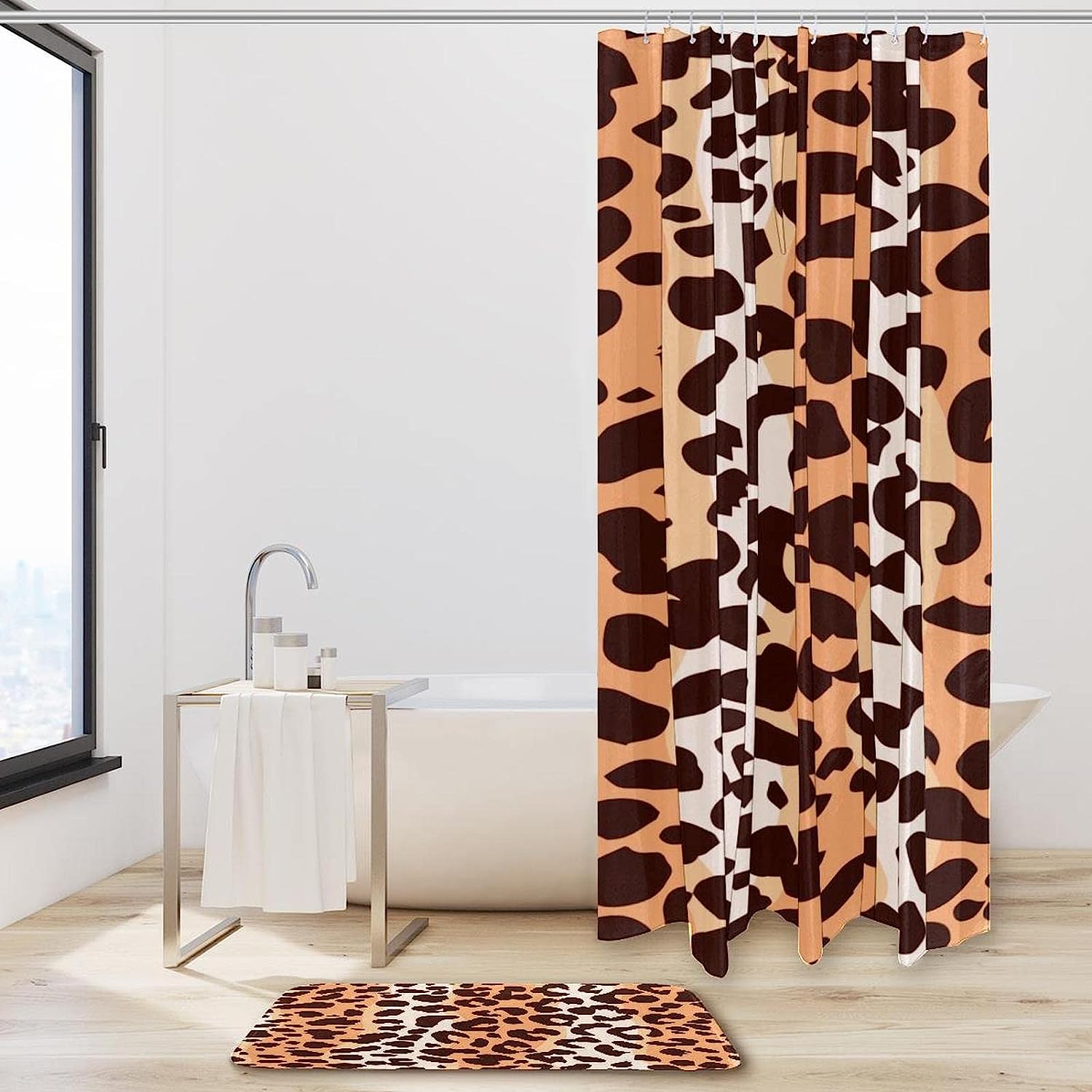Leopard Print And Orange Printed Bathroom Tub Set With Waterproof Fabric Shower Curtain - Image 2
