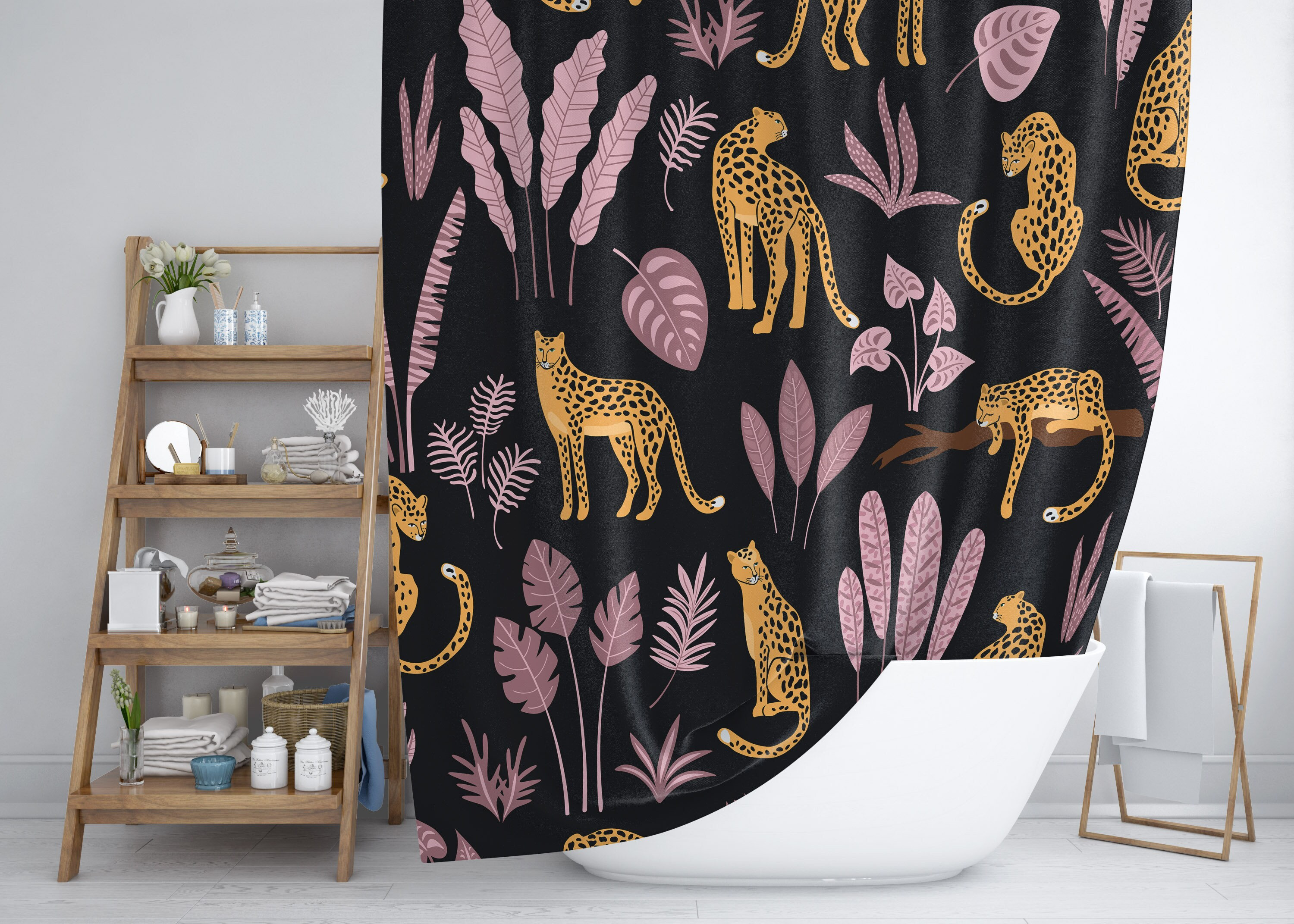 Leopard Print Bath Curtain - Tropical Dark Bathroom Decor