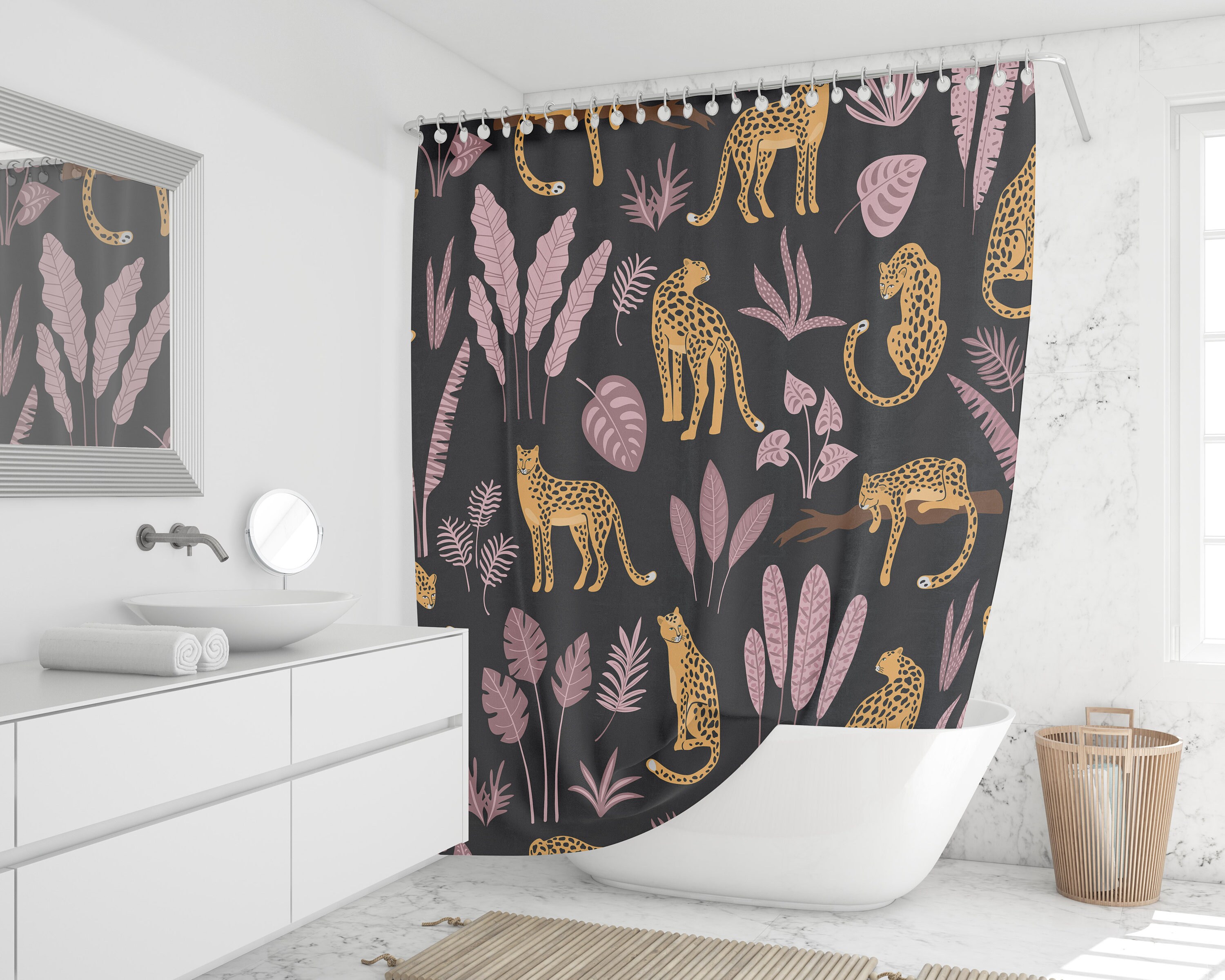 Leopard Print Bath Curtain - Tropical Dark Bathroom Decor - Image 2