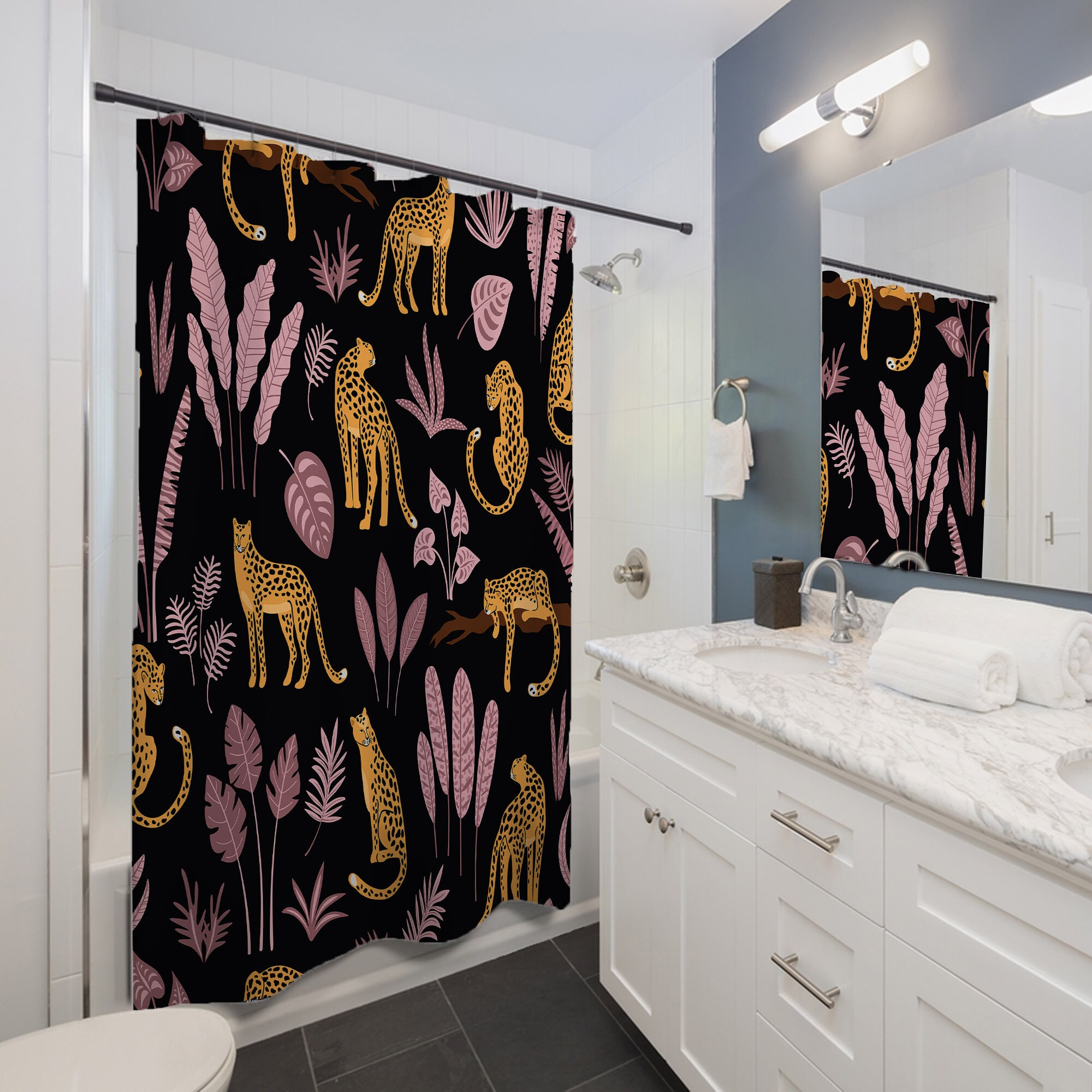 Leopard Print Bath Curtain - Tropical Dark Bathroom Decor - Image 3