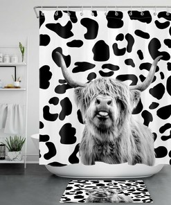 Leopard Print Farmhouse Highland Cow Shower Curtain Funny Bathroom Animal